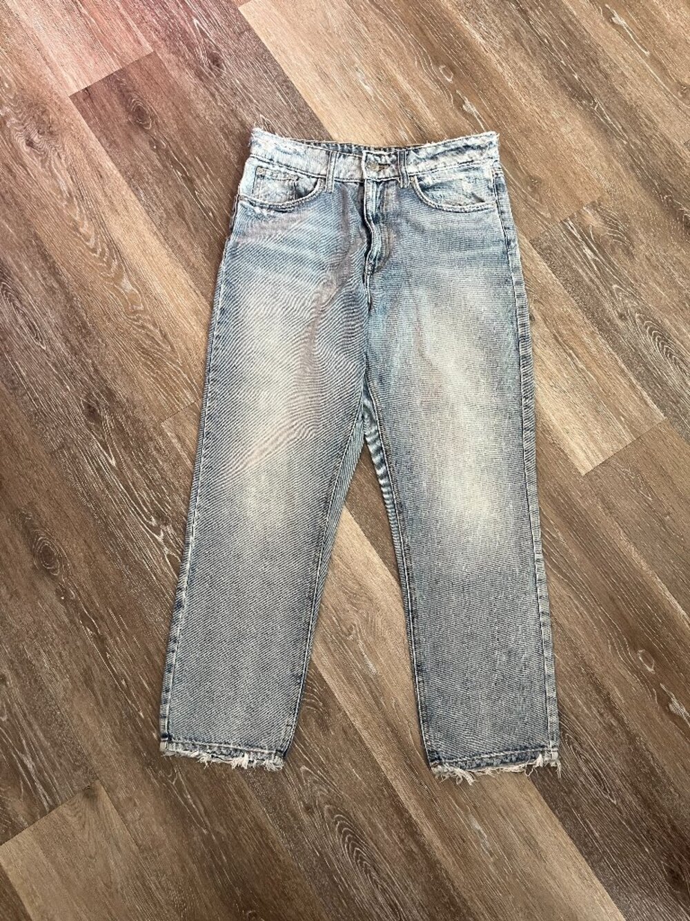 River Island Distressed Straight Leg Bleach Wash Jeans